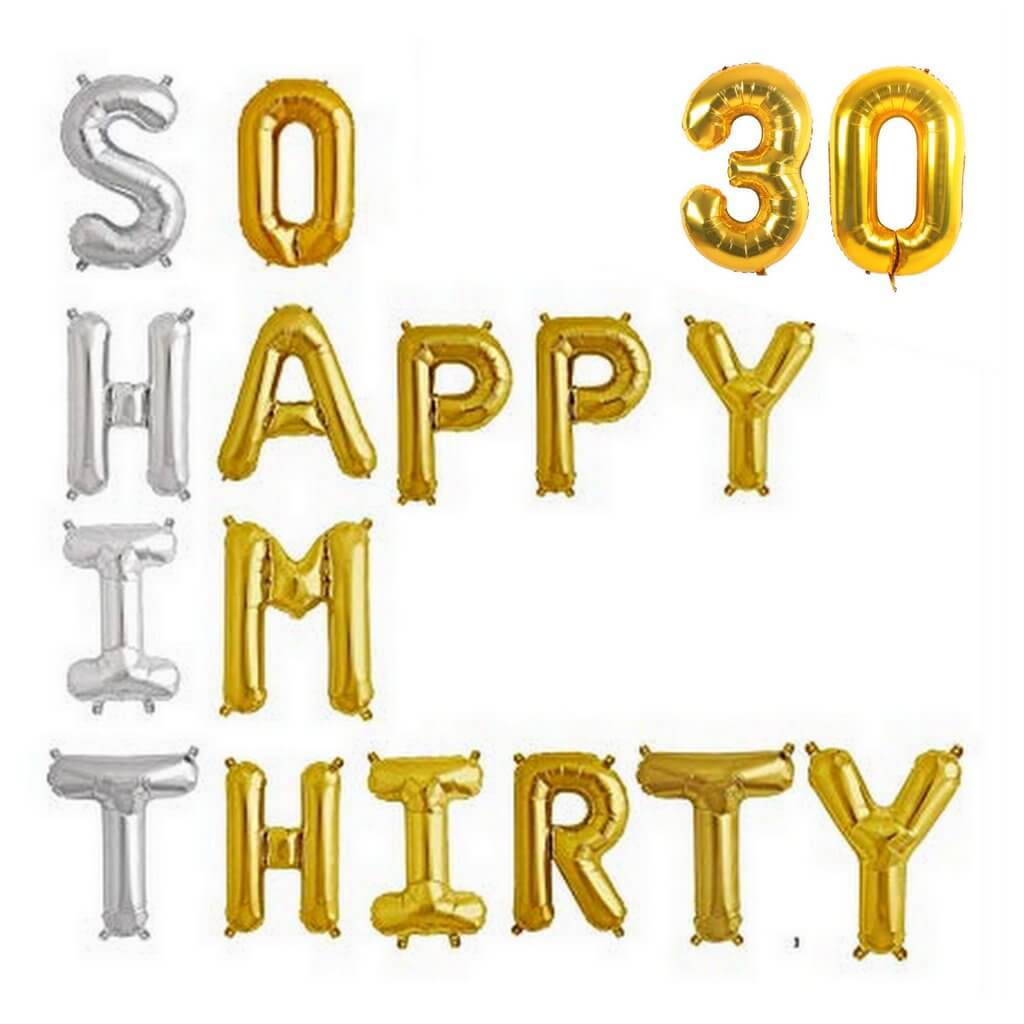 Online Party Supplies Australia 16 inch gold 'SO HAPPY IM THIRTY 30' foil balloon banner bunting