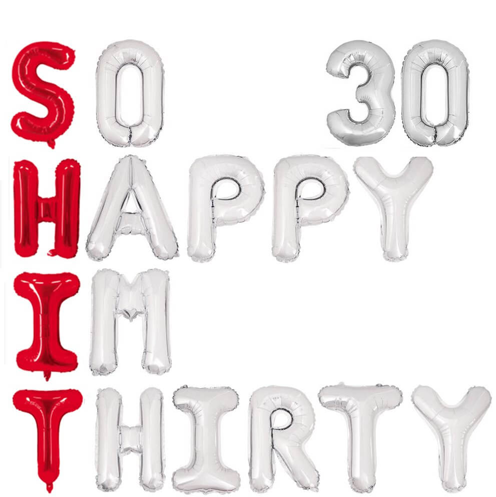 16" Red Silver SO HAPPY IM THIRTY 30 Foil Balloon Banner - Silver 30