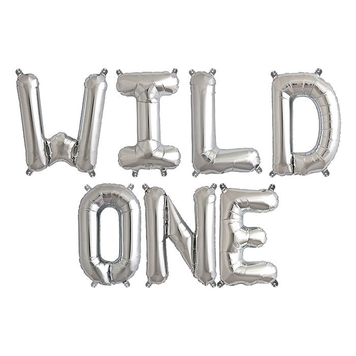 16 Inch Silver WILD ONE Air-filled Letter Foil Balloon Banner - First Birthday Party Decorations