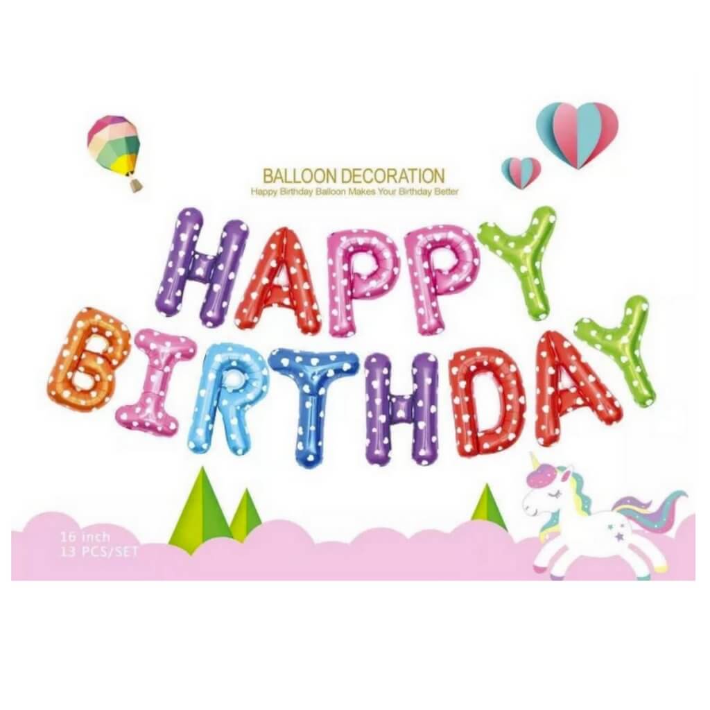 16 Inch White Heart Dot Rainbow HAPPY BIRTHDAY Foil Balloon Banner