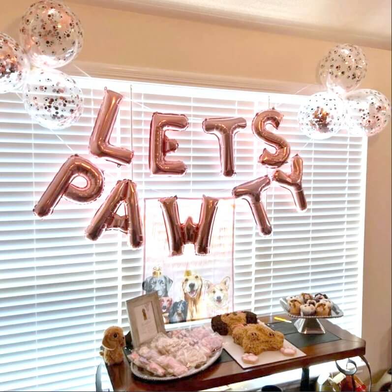16 Inch Rose Gold LETS PAWTY Foil Balloon Banner - Dog Cat Pet birthday party banner