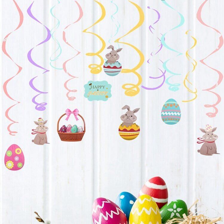 Happy Easter Bunny Rabbit & Easter Eggs Wind Spiral Swirls Pack of 16