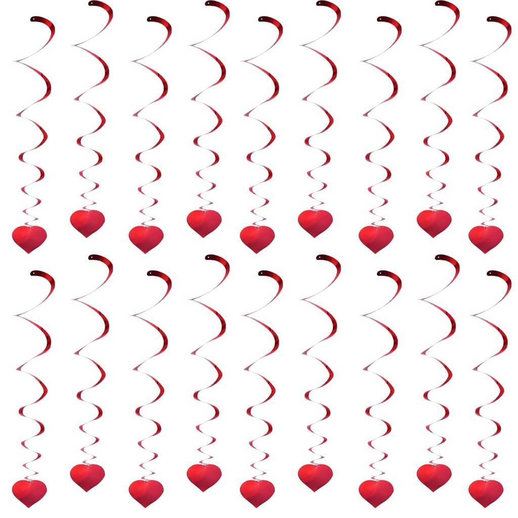 Red Heart Shaped Foil Wind Spiral Swirls Pack of 18 - Valentine's Day Hanging Decorations