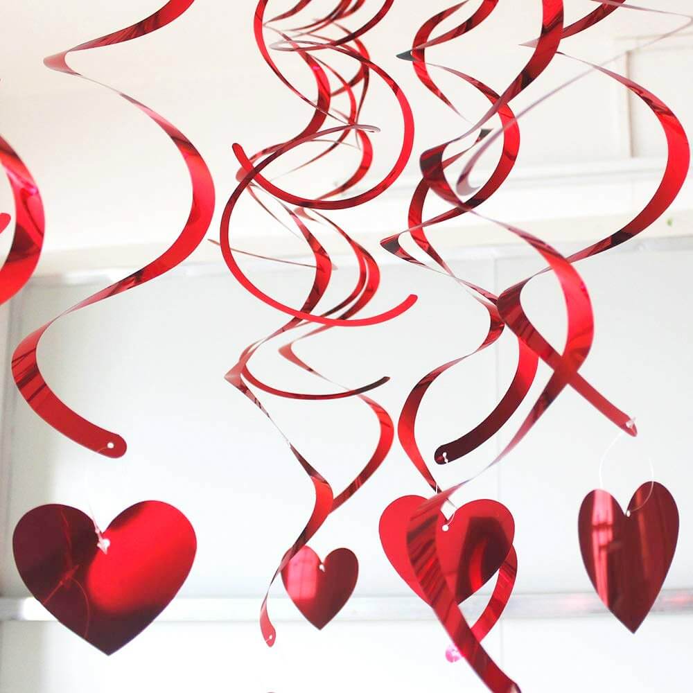Red Heart Shaped Foil Wind Spiral Swirls Pack of 18 - Valentine's Day Hanging Decorations
