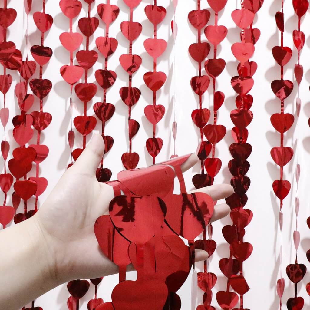 1m x 2m Heart Tinsel Foil Fringe Curtain - Red