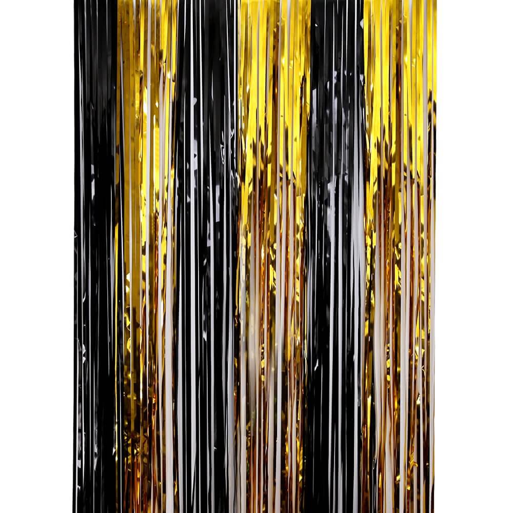 1m x 2m Metallic Black & Gold Tinsel Foil Fringe Rain Curtain