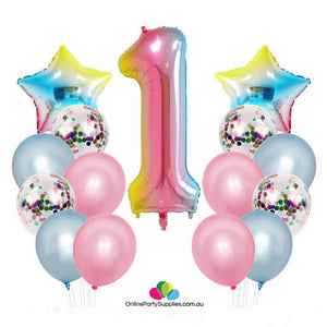 Iridescent Rainbow 1st Birthday Foil Latex Balloon Bundle (15 balloons)