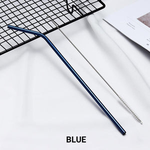 2 Pack Blue Stainless Steel Drinking Straws + Cleaning Brush & Natural Canvas Storage Pouch - Online Party Supplies