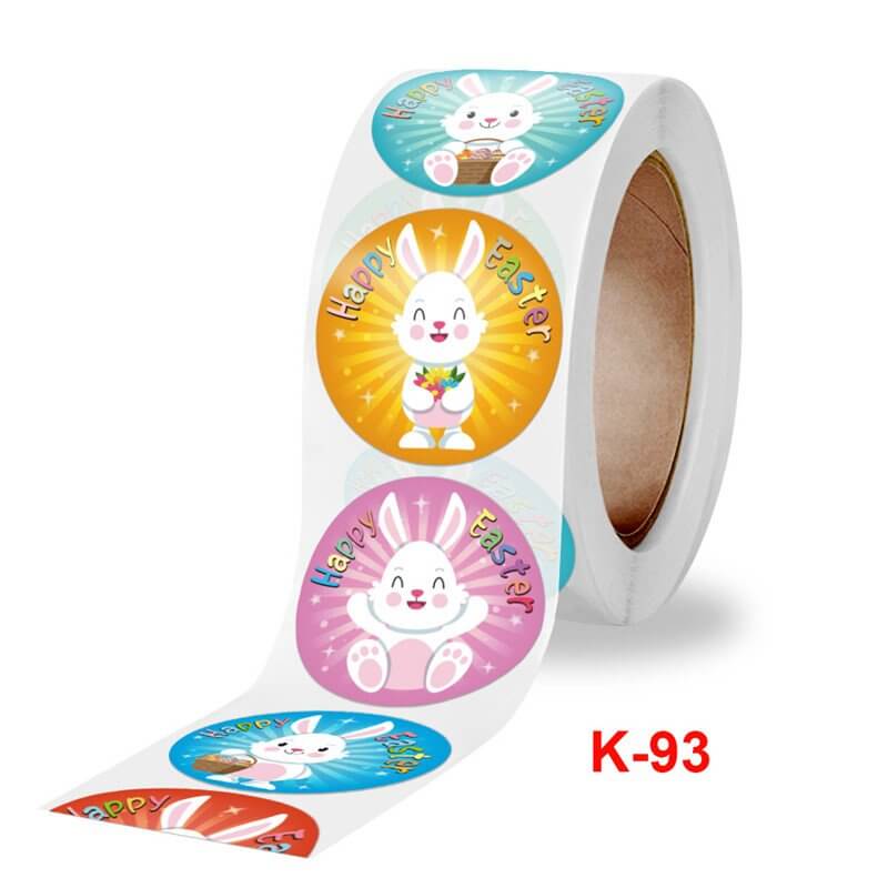 2.5cm Round Colourful Happy Easter Bunny Rabbit Sticker 50 Pack -K93