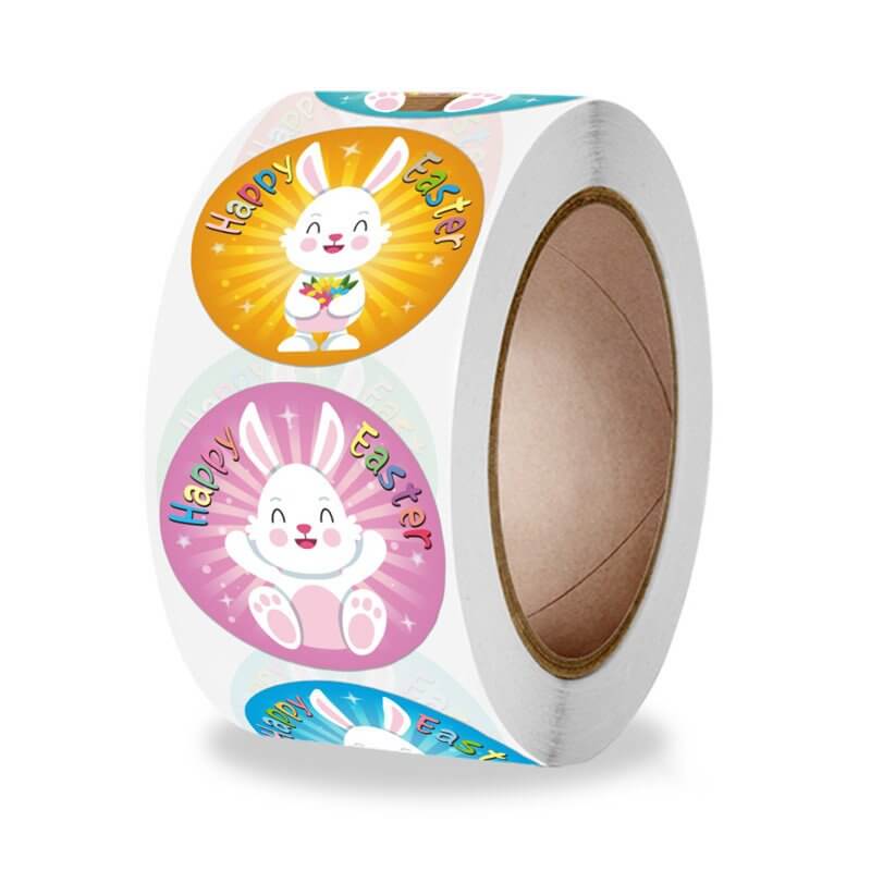 2.5cm Round Colourful Happy Easter Bunny Rabbit Sticker 50 Pack -K93
