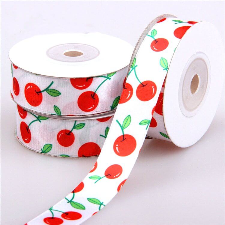 20mm x 9m (10 yards) Red Cherry Printed Satin Christmas Ribbon Spool - Xmas Gift Wrapping Supplies