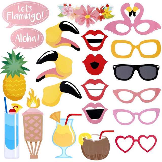 This 23 piece pack of DIY Flamingo photo booth props is perfect for any fun Hawaiian, Beach, Tropical, Luau for kids party and adults party decorations. tropical themed bachelorette party, flamingo themed hen party, Hawaiian themed party, beach, pool party, Luau, Tiki wedding decor, Let's Flamingle, Luau bridal shower, Aloha pineapple tropical summer party decorations.