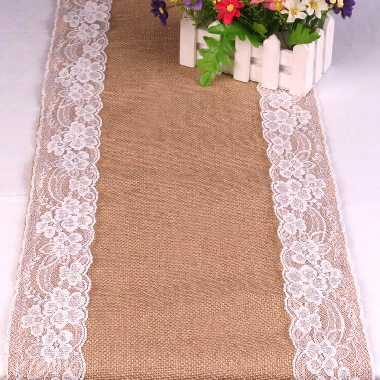 2.7m natural jute white lace hessian burlap wedding table runner