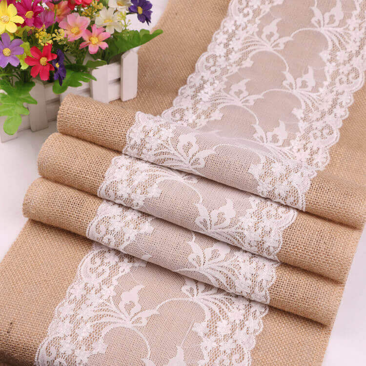 2.7m natural jute white lace hessian burlap wedding table runner
