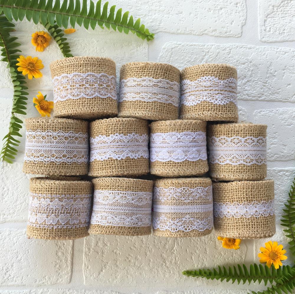 2m Natural Jute Burlap Ribbon Roll with White Lace - Rustic Wedding Decor - Online Party Supplies