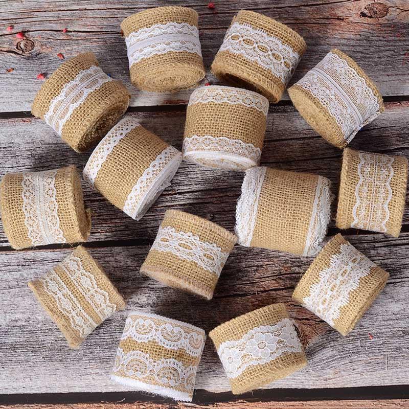 2m Natural Jute Burlap Ribbon Roll with White Lace - Rustic Wedding Decor - Online Party Supplies