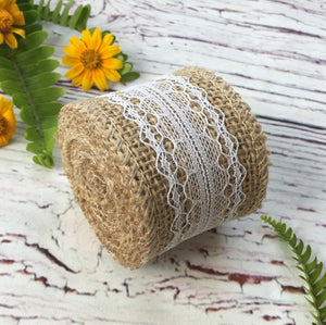 2m Natural Jute Burlap Ribbon Roll with White Lace - Rustic Wedding Decor - Online Party Supplies