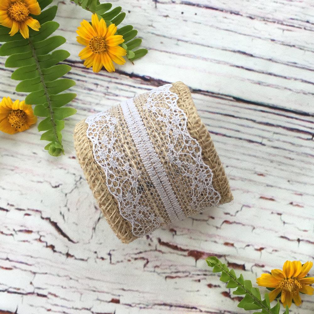 2m Natural Jute Burlap Ribbon Roll with White Lace - Rustic Wedding Decor - Online Party Supplies