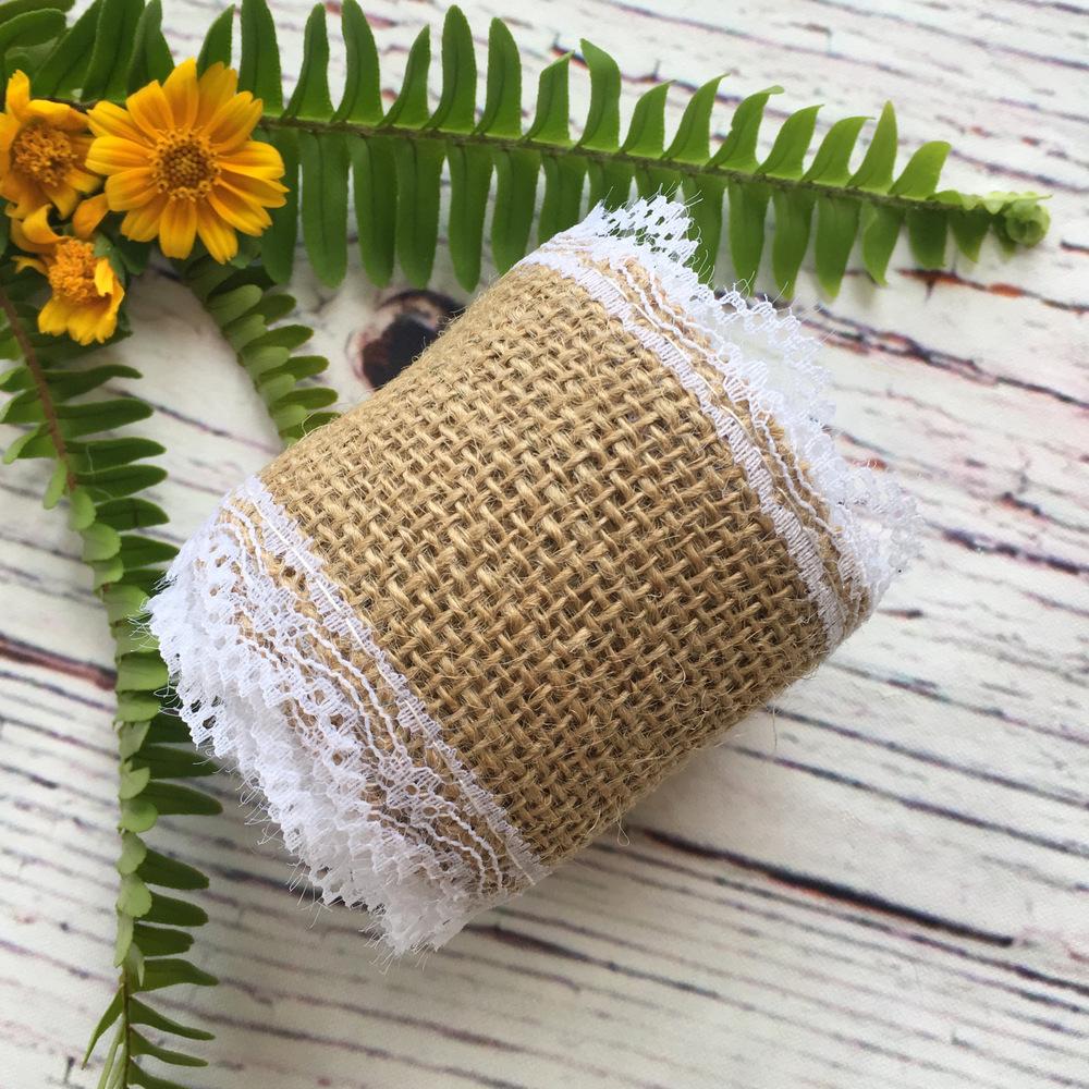 2m Natural Jute Burlap Ribbon Roll with White Lace - Rustic Wedding Decor - Online Party Supplies