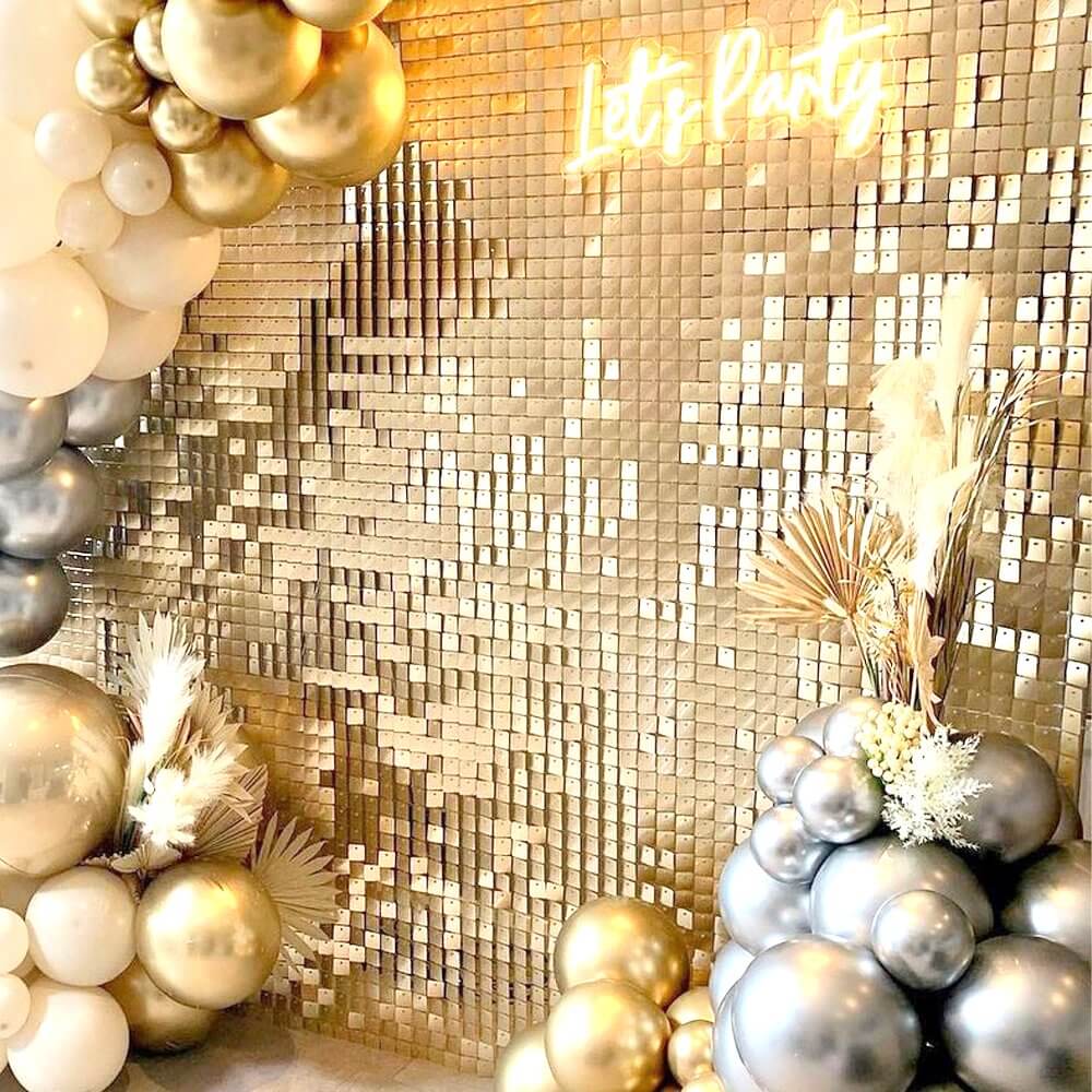 30cm x 30cm Pre-assembled Shimmer Sequin Wall Panel Backdrop - Square Metallic Champagne Gold