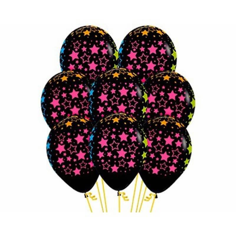 Sempertex 30cm Bold Neon Stars on Fashion Black Latex Balloon 12 Pack