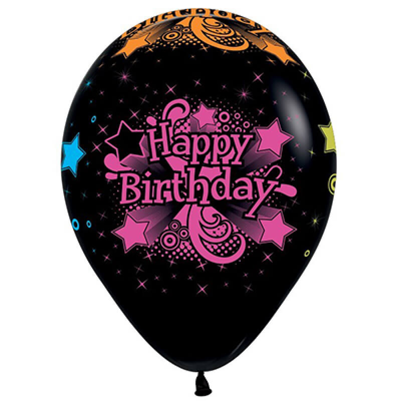 Sempertex 30cm Happy Birthday Fashion Black & Neon Latex Balloon 12 Pack