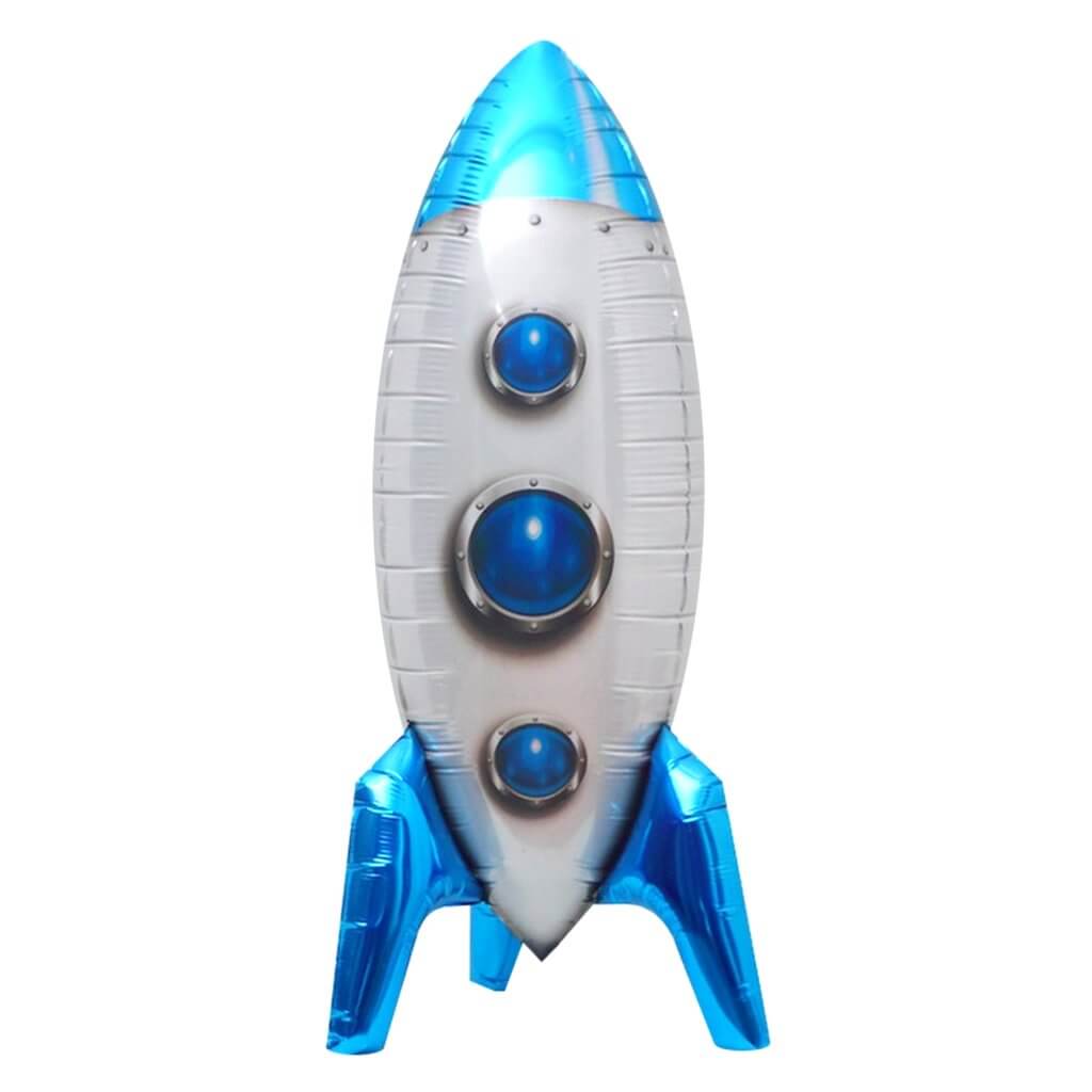 3D Long Blue White Rocket Ship Foil Balloon - Outer Space Theme Birthday Party Decorations & Supplies