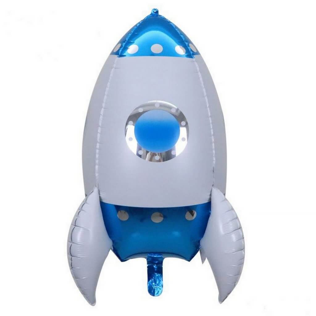 3D Large Blue White Rocket Ship Foil Balloon - Outer Space Theme Birthday Party Decorations & Supplies