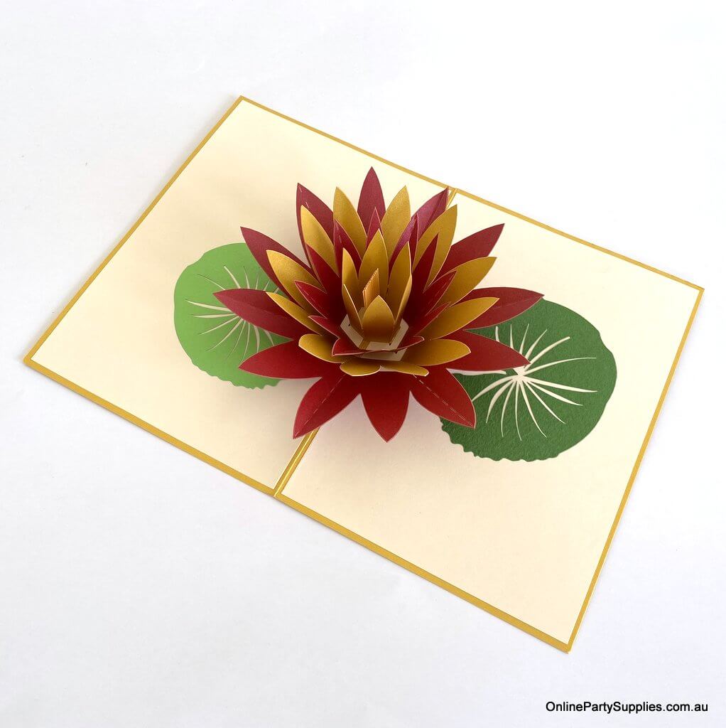 Online Party Supplies Orange and Red Lotus Flower Pop Up Card - Gold Cover