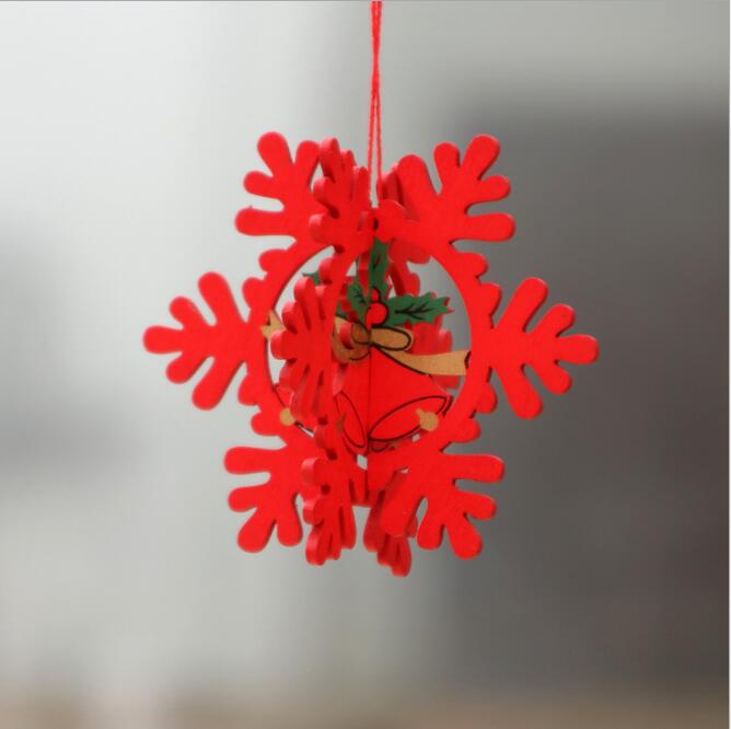 3D Wooden Christmas Tree Hanging Ornament - Red Xmas Snowflake