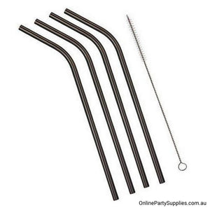 4 Pack Bent Black Stainless Steel Drinking Straws + Cleaning Brush & Natural Canvas Storage Pouch - Online Party Supplies
