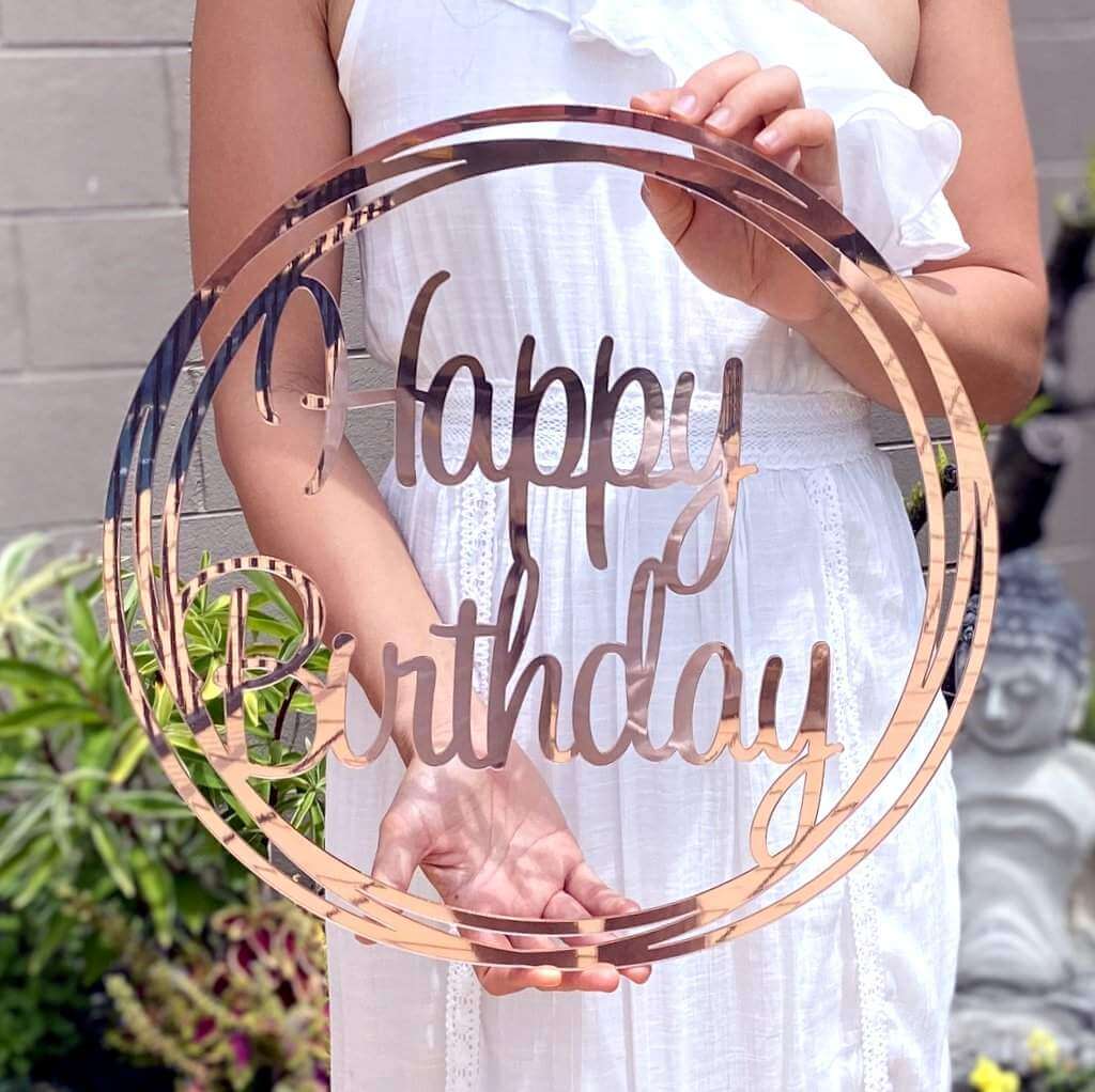 Acrylic Rose Gold Happy Birthday Geometric Hoop Wall Sign