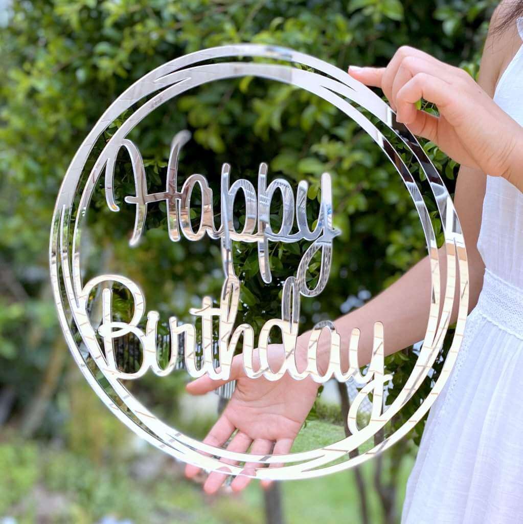 Acrylic Silver Mirror Happy Birthday Geometric Hoop Wall Sign - 40cm