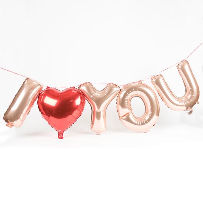 40cm Rose Gold 'I LOVE YOU' with a 45cm Red Heart Foil Balloon Banner - Online Party Supplies