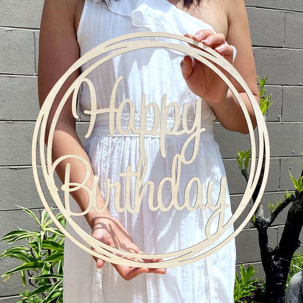 Wooden Happy Birthday Geometric Hoop Wall Sign - 40cm