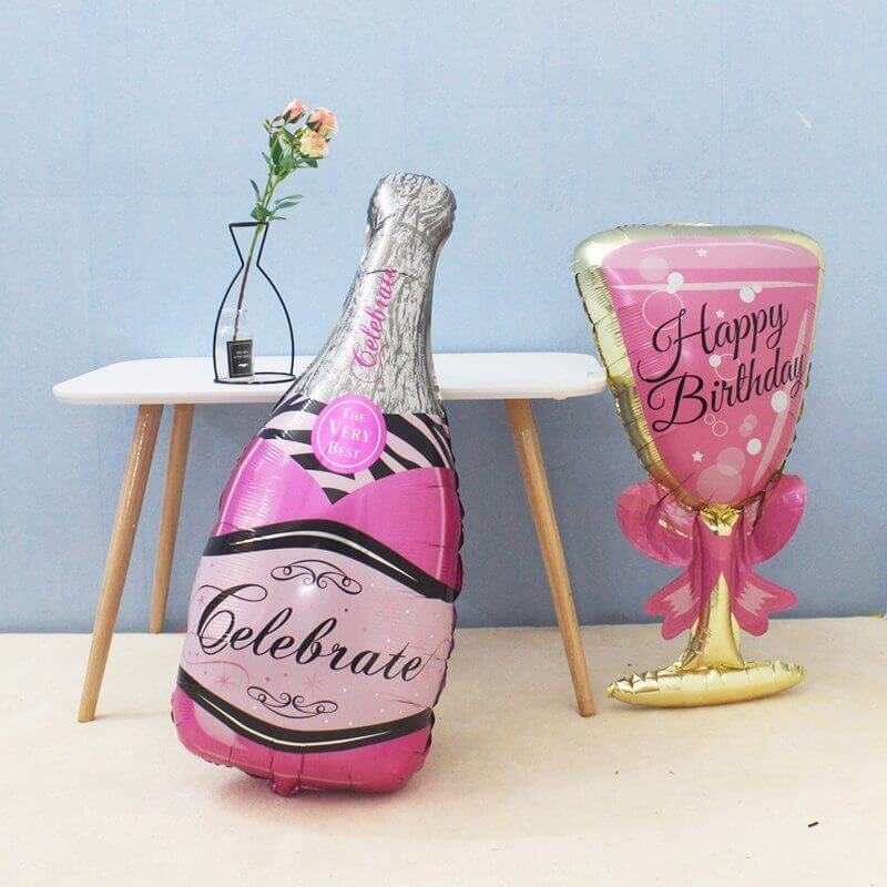 37" Jumbo Pink Happy Birthday Wine Goblet & Celebrate Champagne Bottle Balloon Set of 2