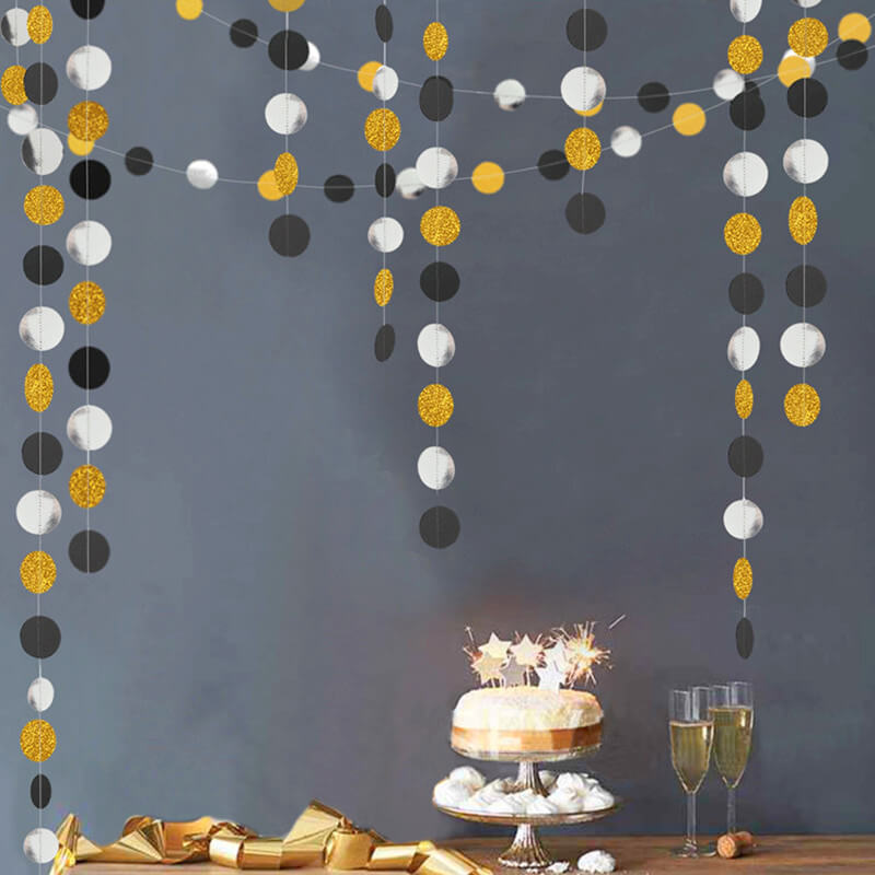 4m Gold Black Silver Round Confetti Glitter Paper Garland