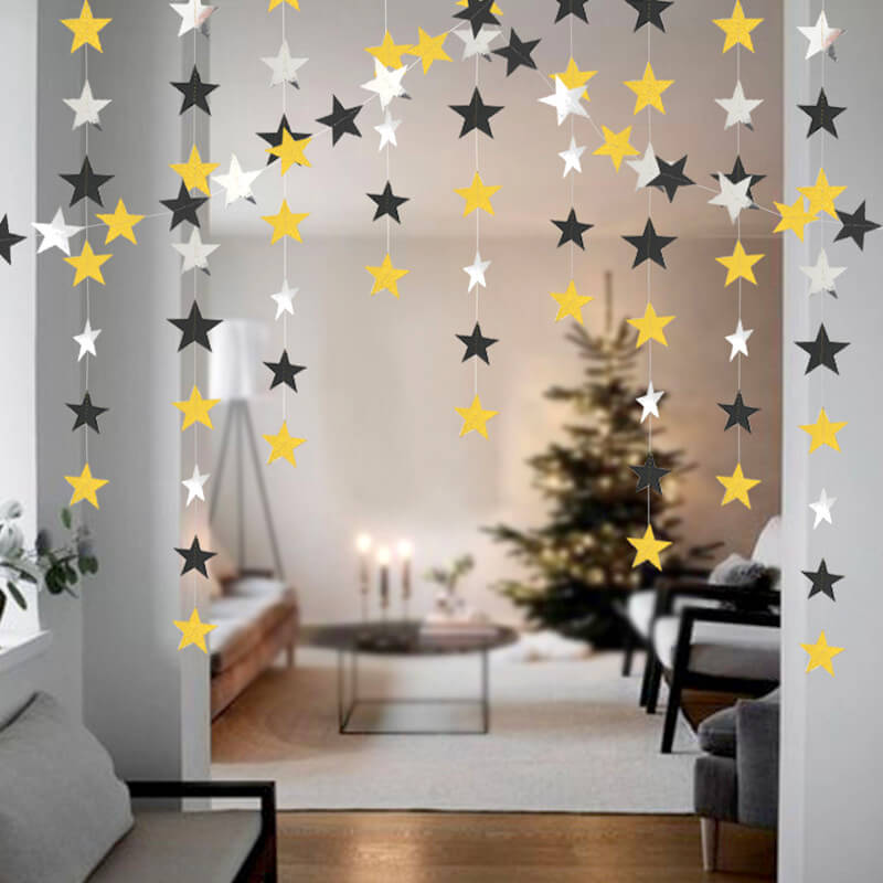 4m Gold Black Silver Glitter Star Paper Bunting Garland