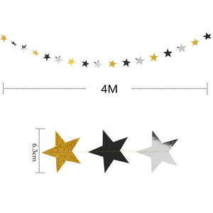 4m Gold Black Silver Glitter Star Paper Bunting Garland
