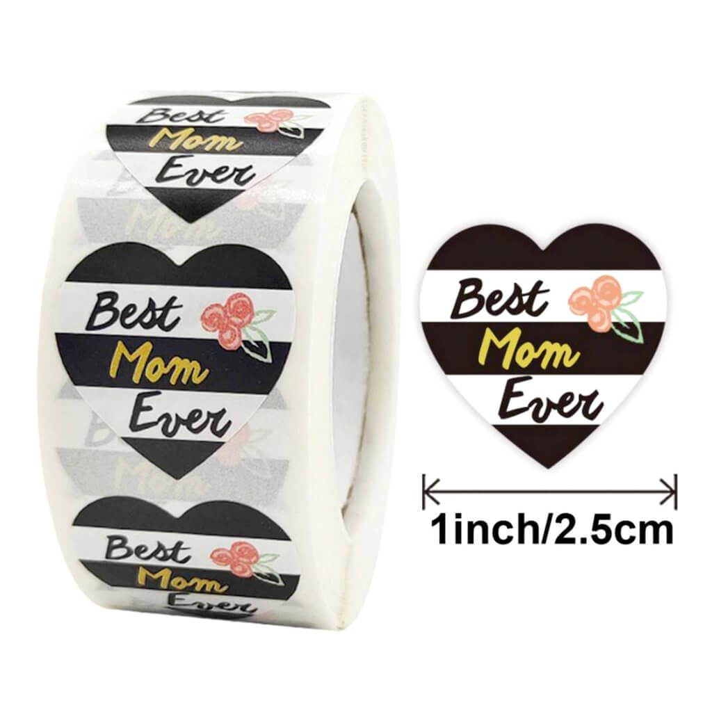 2.5cm Heart Best Mom Ever Paper Sticker 50 Pack - Black & White
