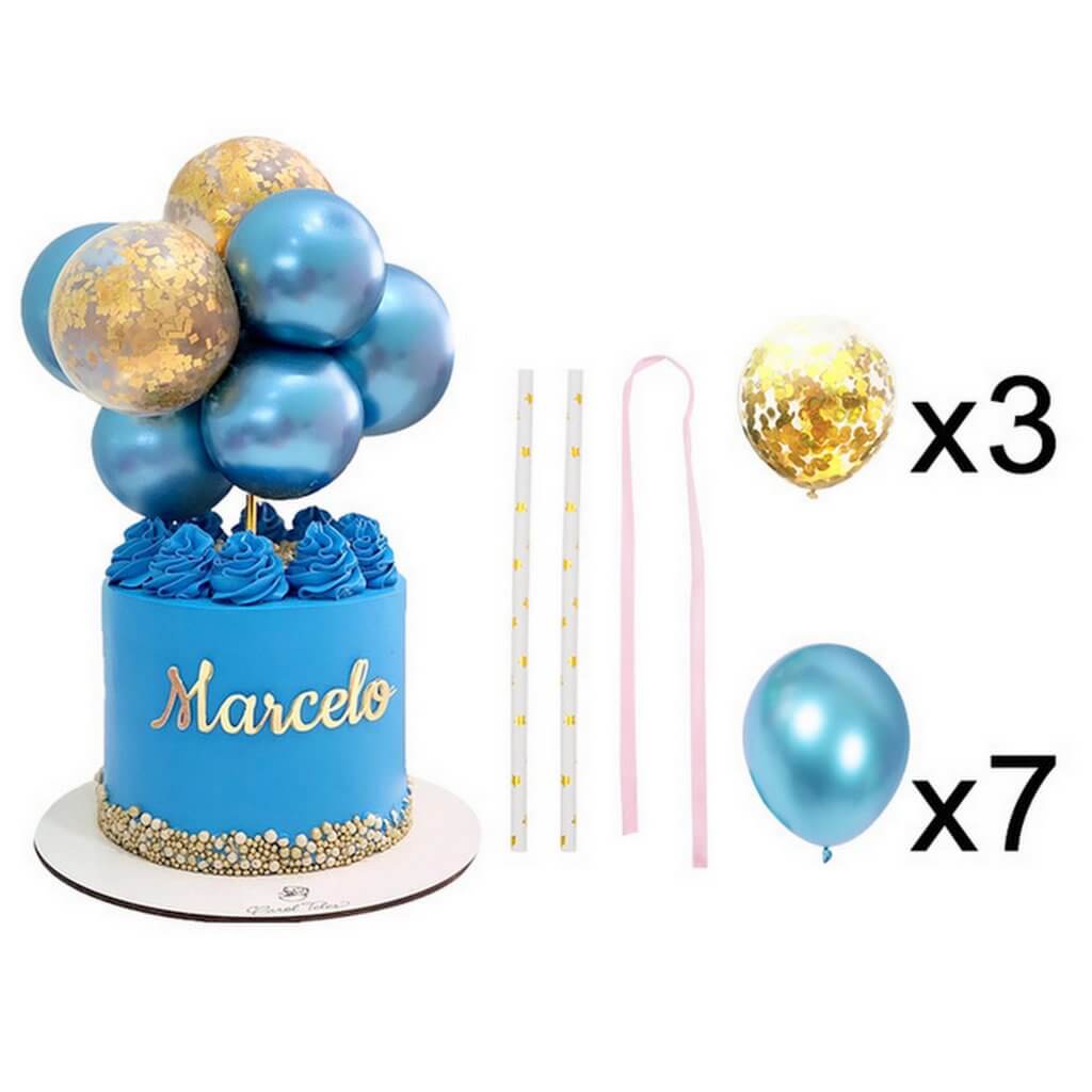 5 Mini Chrome Blue & Gold Confetti Balloon Cake Topper Kit