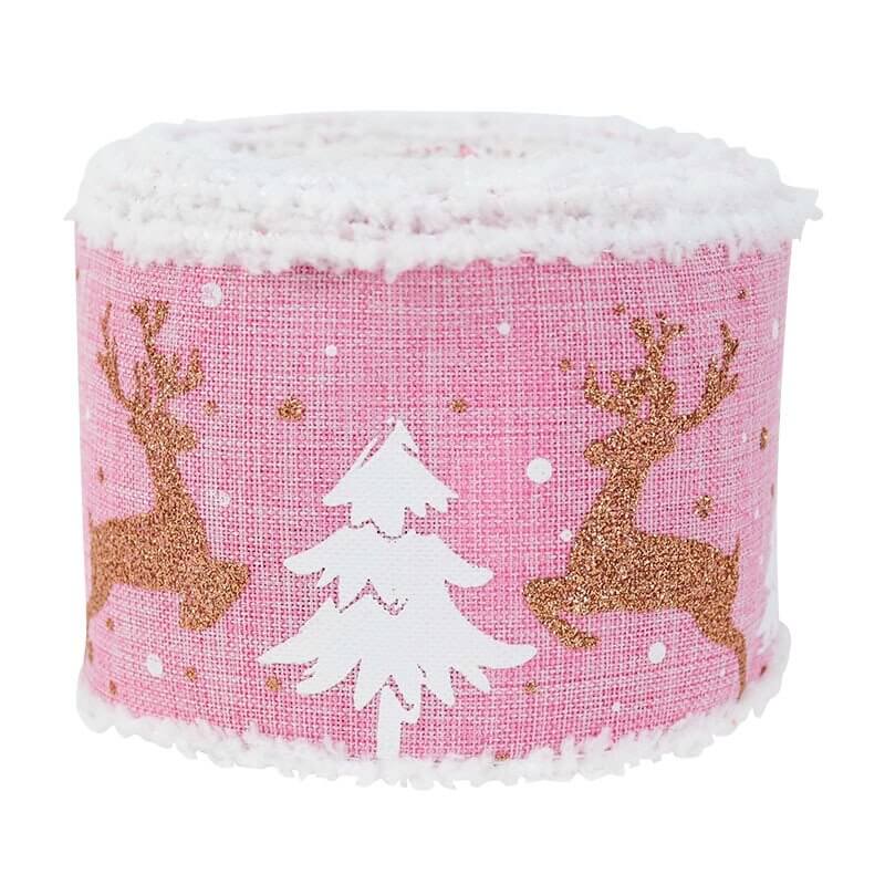 Wired Christmas Tree & Reindeer Hessian Burlap Ribbon Roll - Pink