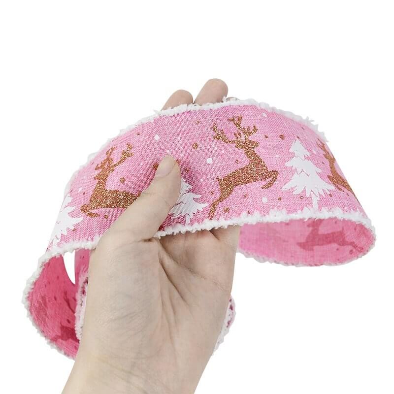 Wired Christmas Tree & Reindeer Hessian Burlap Ribbon Roll - Pink