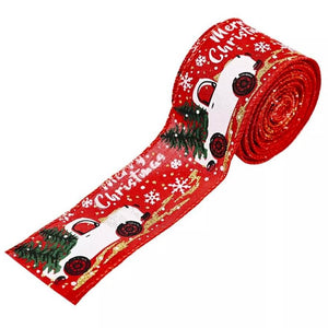 5cm x 5m Red Antique Christmas Truck & Tree Wired Ribbon Spool - Xmas Gift Wrapping Supplies