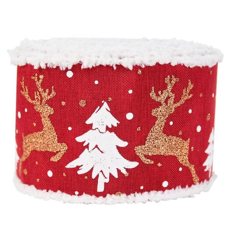 Wired Christmas Tree & Reindeer Hessian Burlap Ribbon Roll - Red
