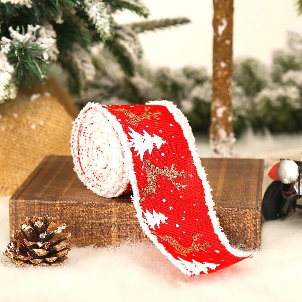 Wired Christmas Tree & Reindeer Hessian Burlap Ribbon Roll - red