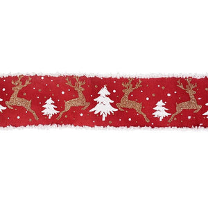 Wired Christmas Tree & Reindeer Hessian Burlap Ribbon Roll - Red