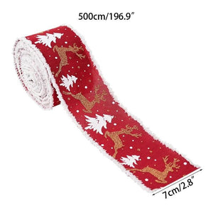 Wired Christmas Tree & Reindeer Hessian Burlap Ribbon Roll - Red