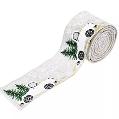 5m White Christmas Truck & Tree Wired Hessian Ribbon Roll