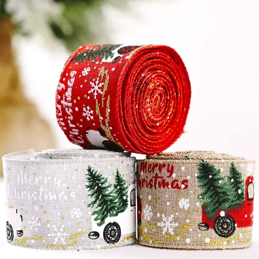 Antique Christmas Truck & Tree Ribbon Roll - White